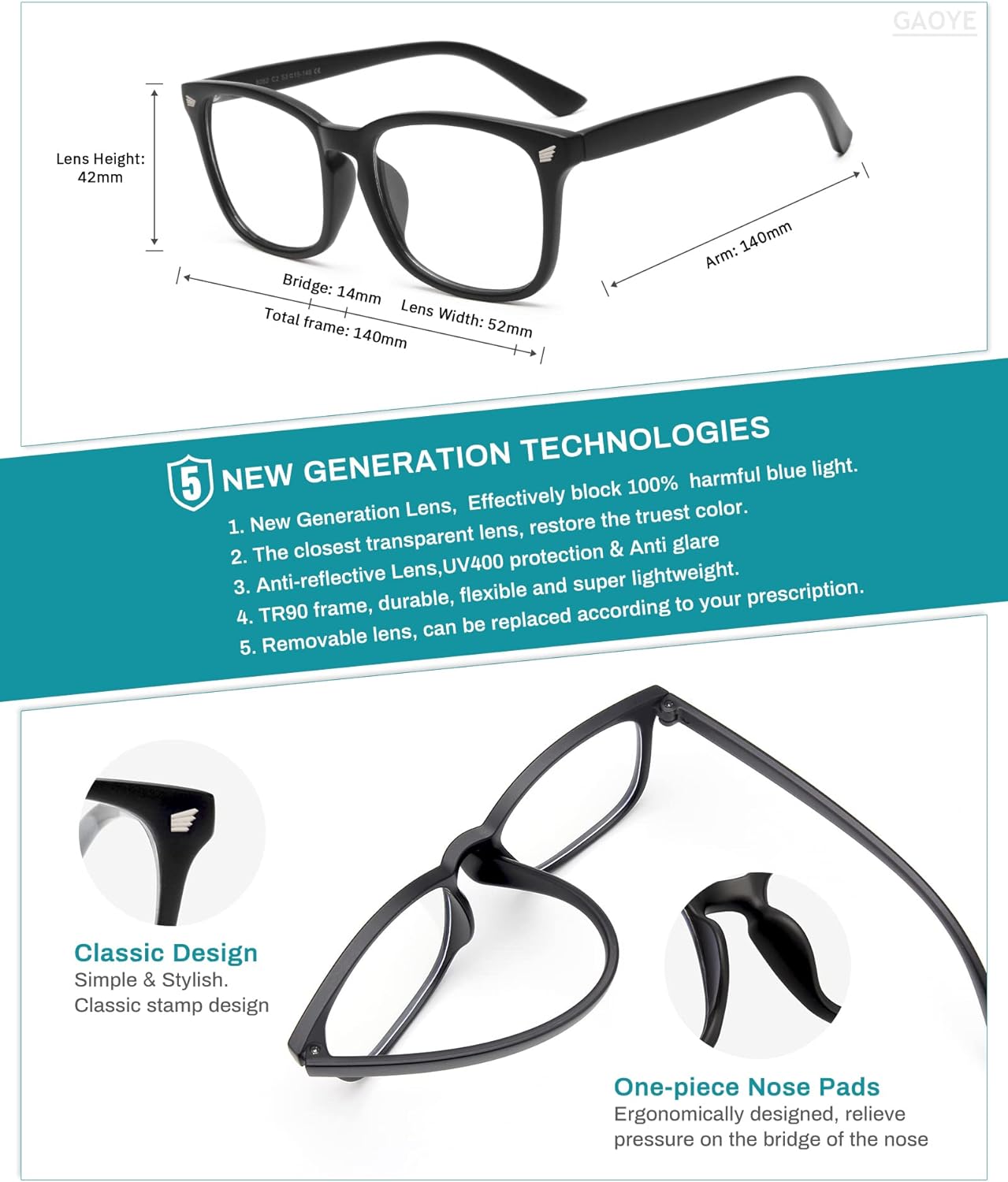 Gaoye Blue Light Blocking Glasses - 3 Pack Fashion Square Fake Eyeglasses, Anti UV Ray Computer Gaming Glasses, Blue Blockers Glasses for Women/Men, Matte Black+Leopard+Transparent - Image 2